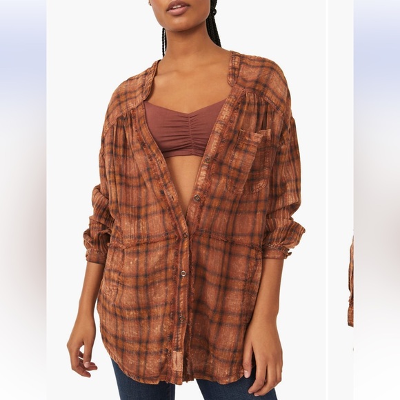 Free People NWT -WTF One of the Boys Oversized Plaid Tie Neckline Shirt large